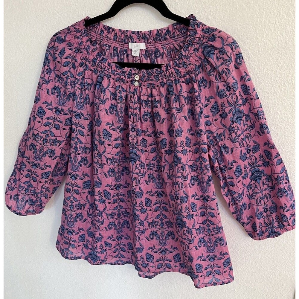J. Jill Floral Paisley Smocked Neck Blouse Top Boho Medium Petite Pink Blue